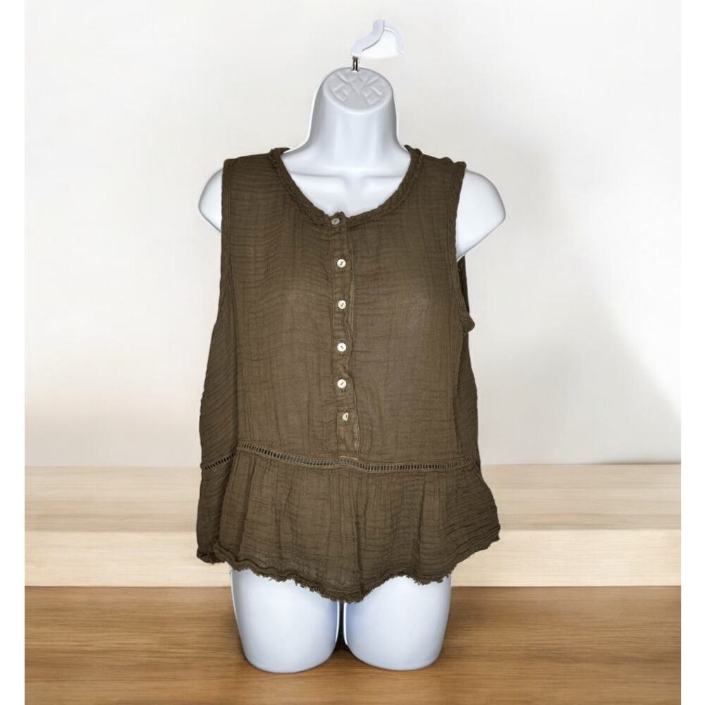 Michael Stars Giorgia Cotton Gauze Sleeveless Peplum Tank Top Olive Women's M